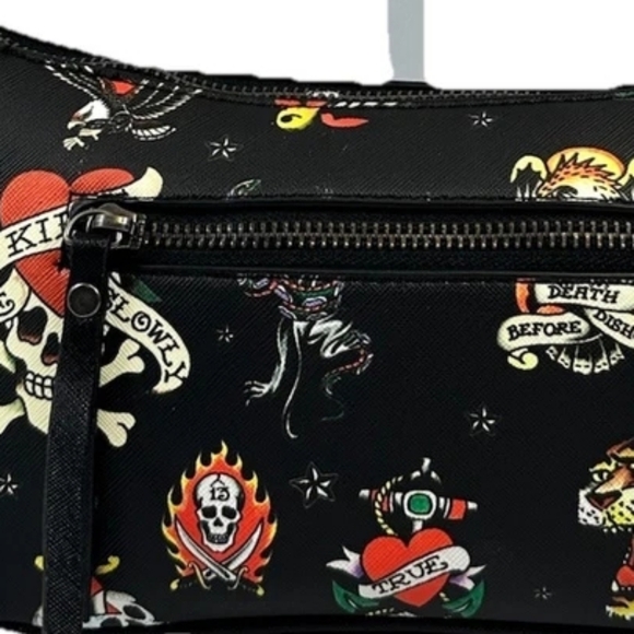 Ed Hardy Black Tattoo Print Shoulder Bag NWT Chain Strap Y2K Purse Retail $70 - Picture 6 of 9